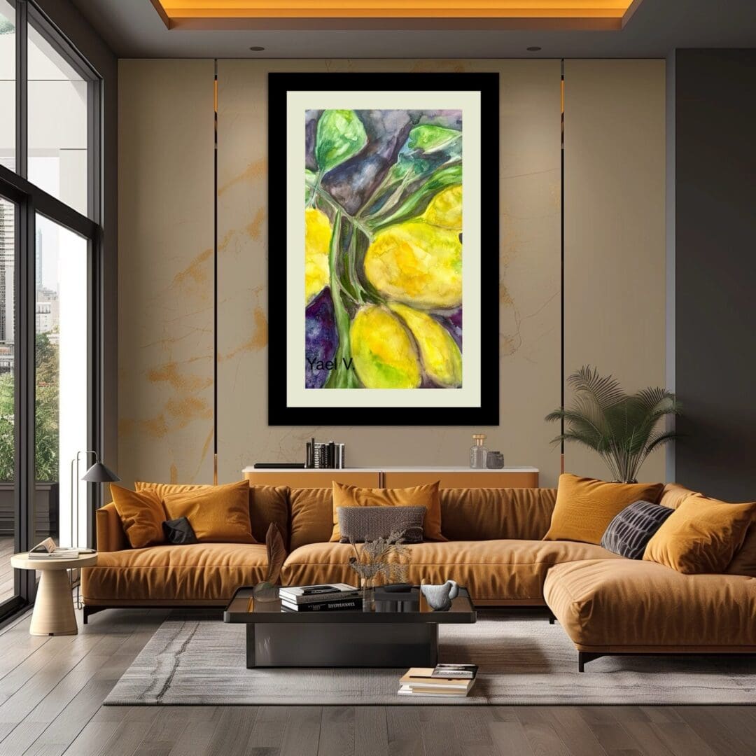 Modern living room with vibrant fruit artwork on the wall.