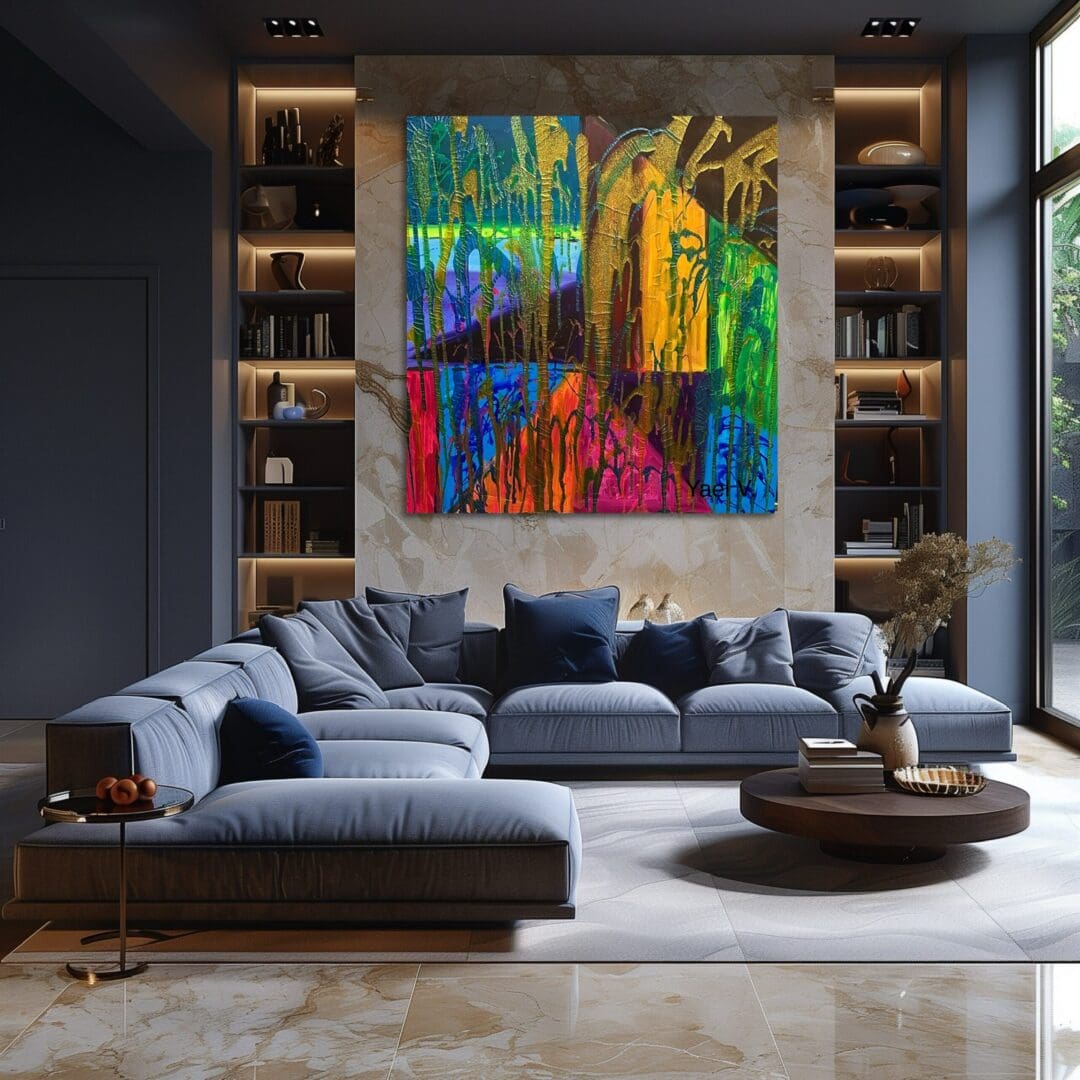 Modern living room with a large colorful abstract painting above a gray sectional sofa.