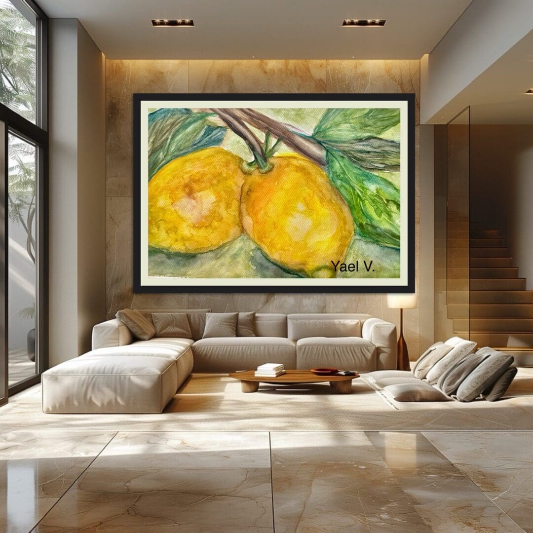 Cozy living room with a bright citrus painting above the sofa.
