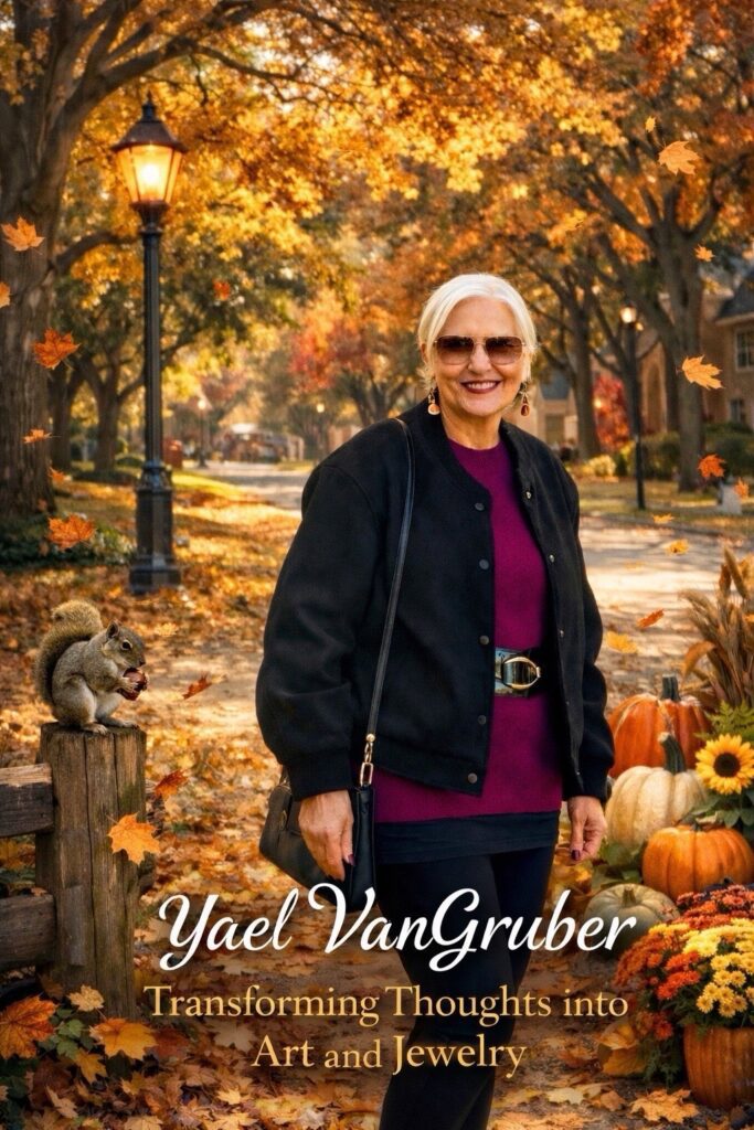 Woman posing in autumn park with squirrel.
