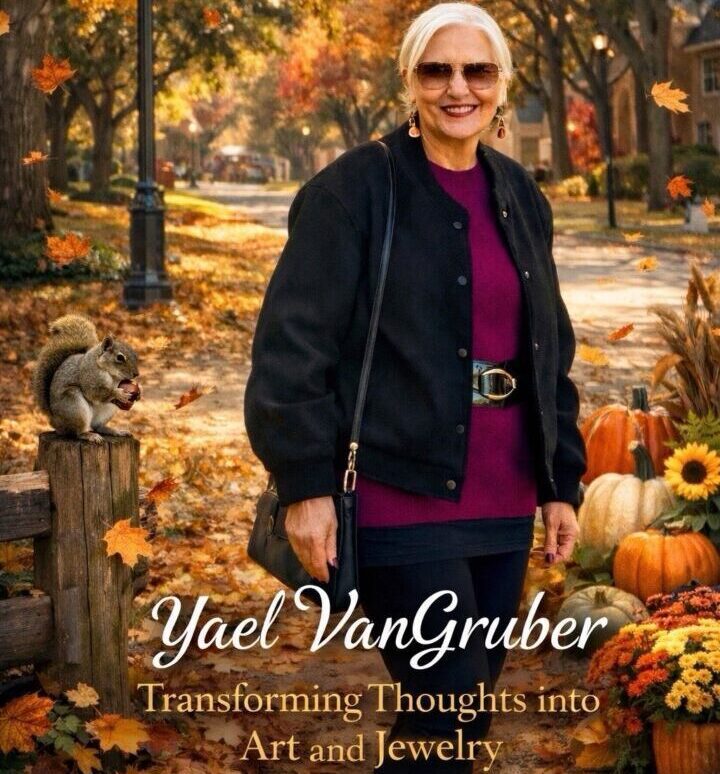 Woman posing in autumn park with squirrel.