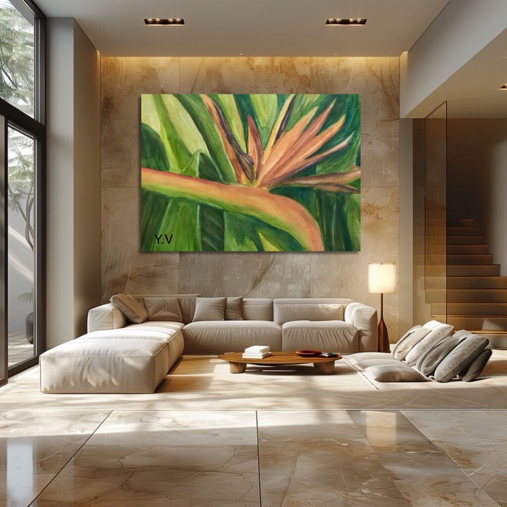 Luxurious living room with abstract painting.