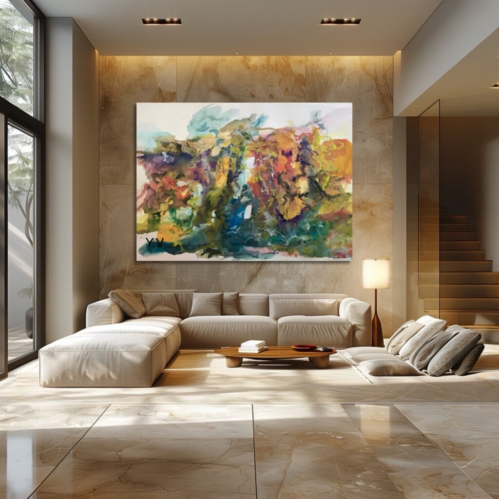 Modern living room with abstract wall painting.