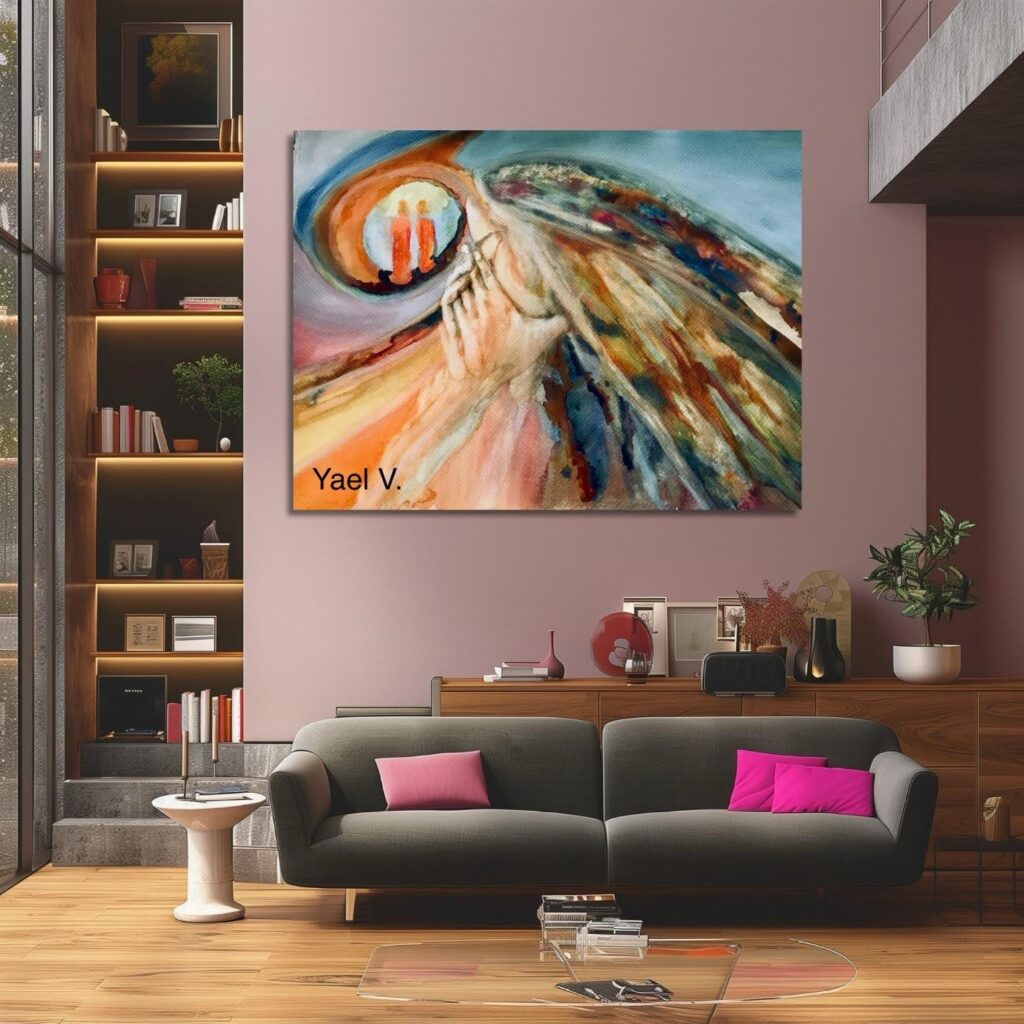 Abstract painting in modern living room setting.