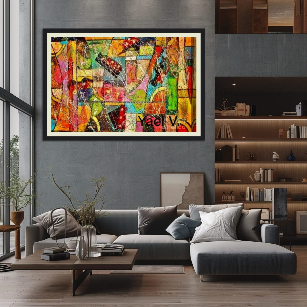 Abstract painting in modern living room setting.