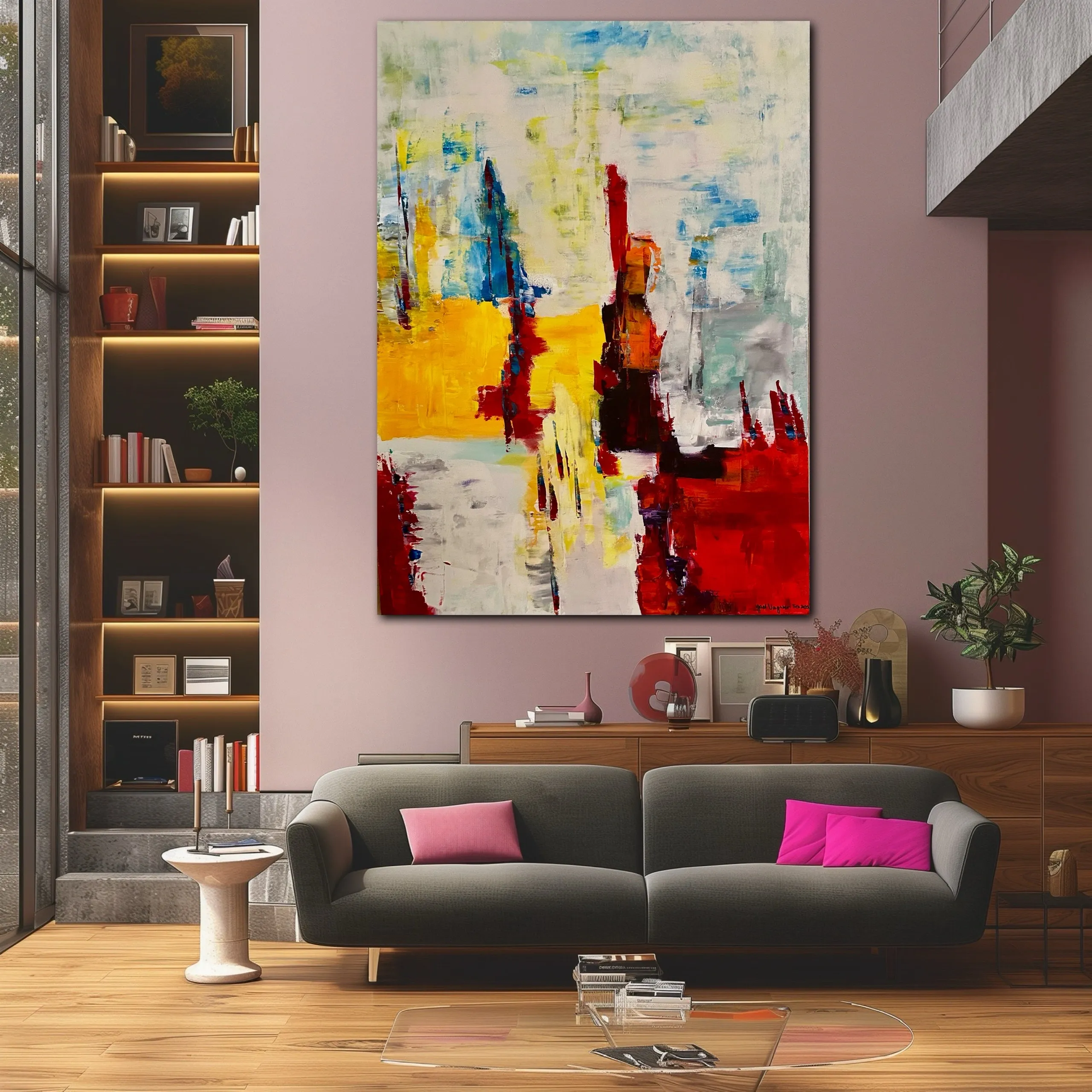 Living room with abstract art painting.