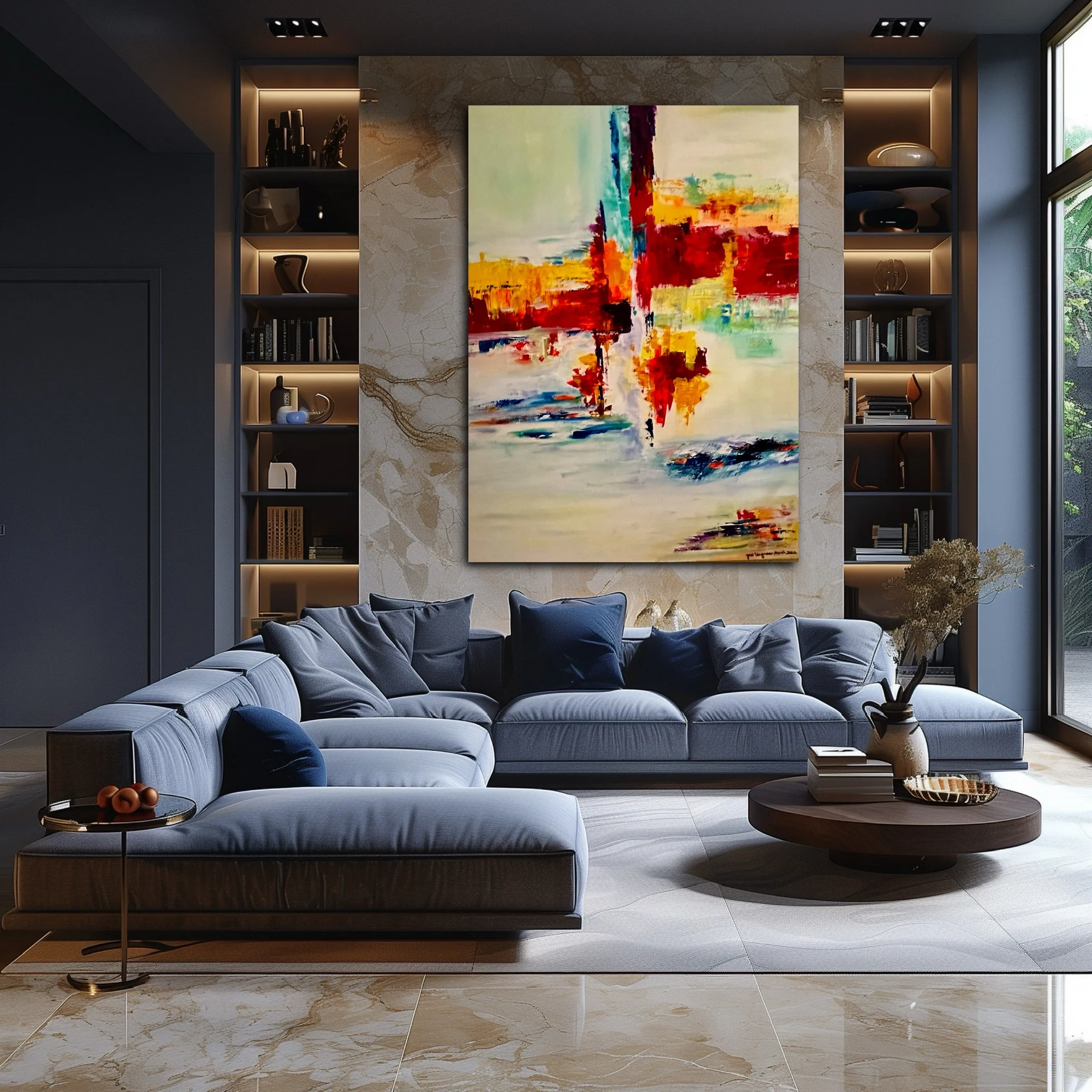 Modern living room with abstract painting.