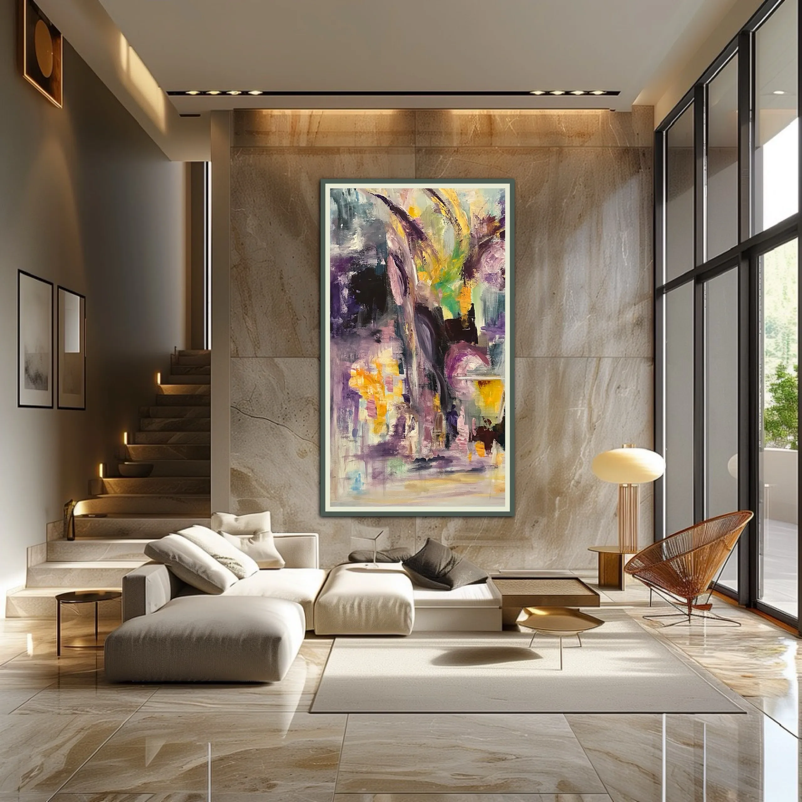 Modern living room with abstract wall art.