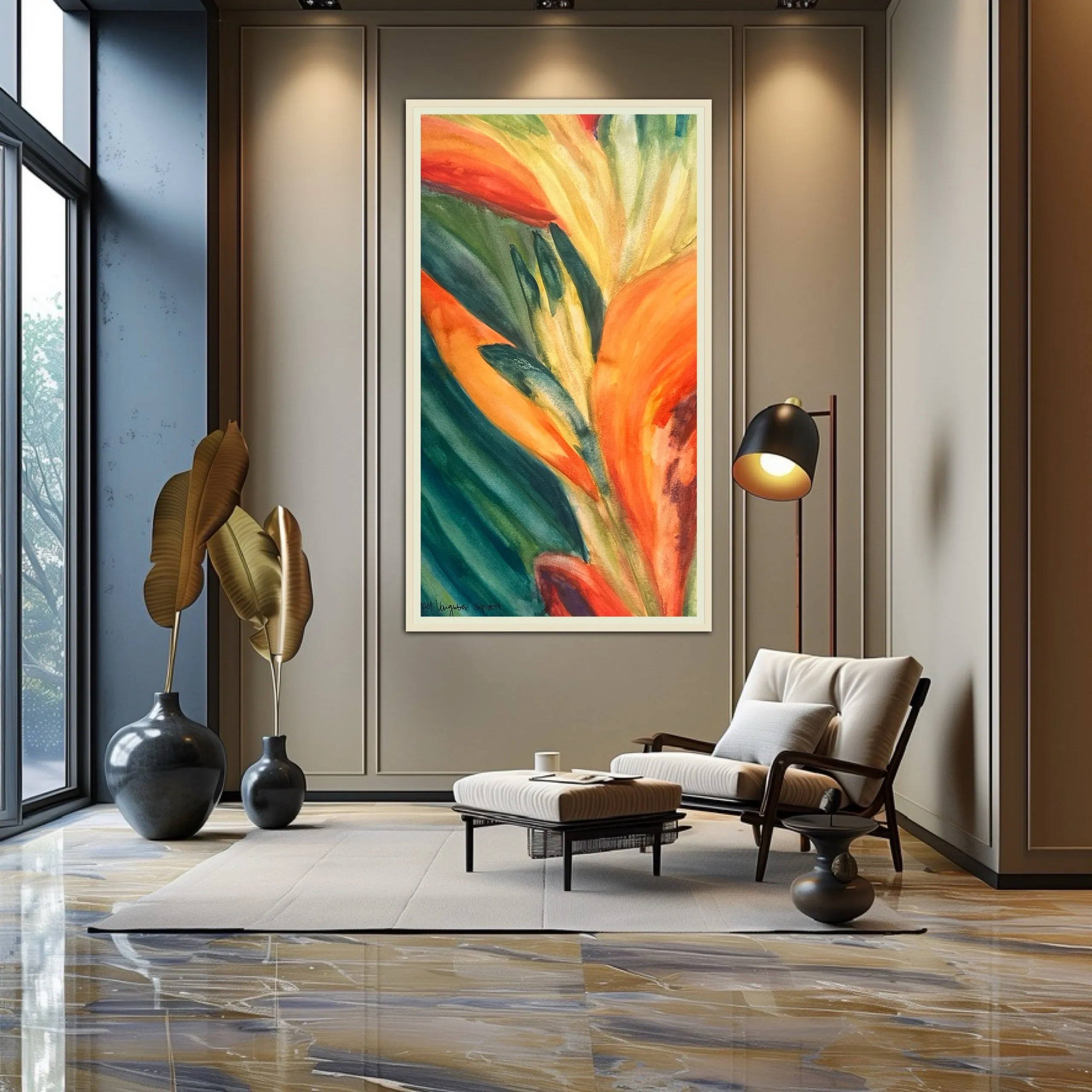 Modern living room with abstract wall art.