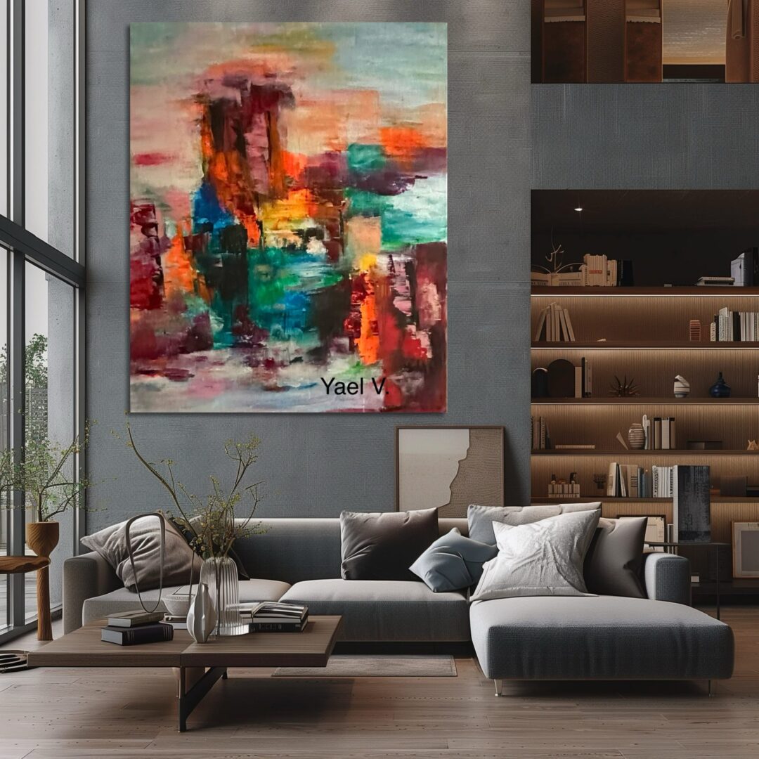 Abstract painting in modern living room setting.
