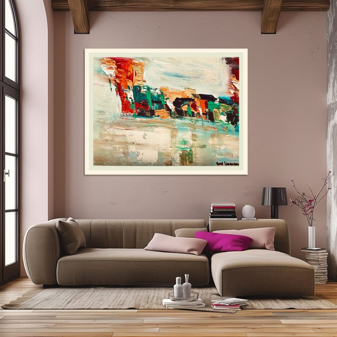 Modern living room with abstract wall art.