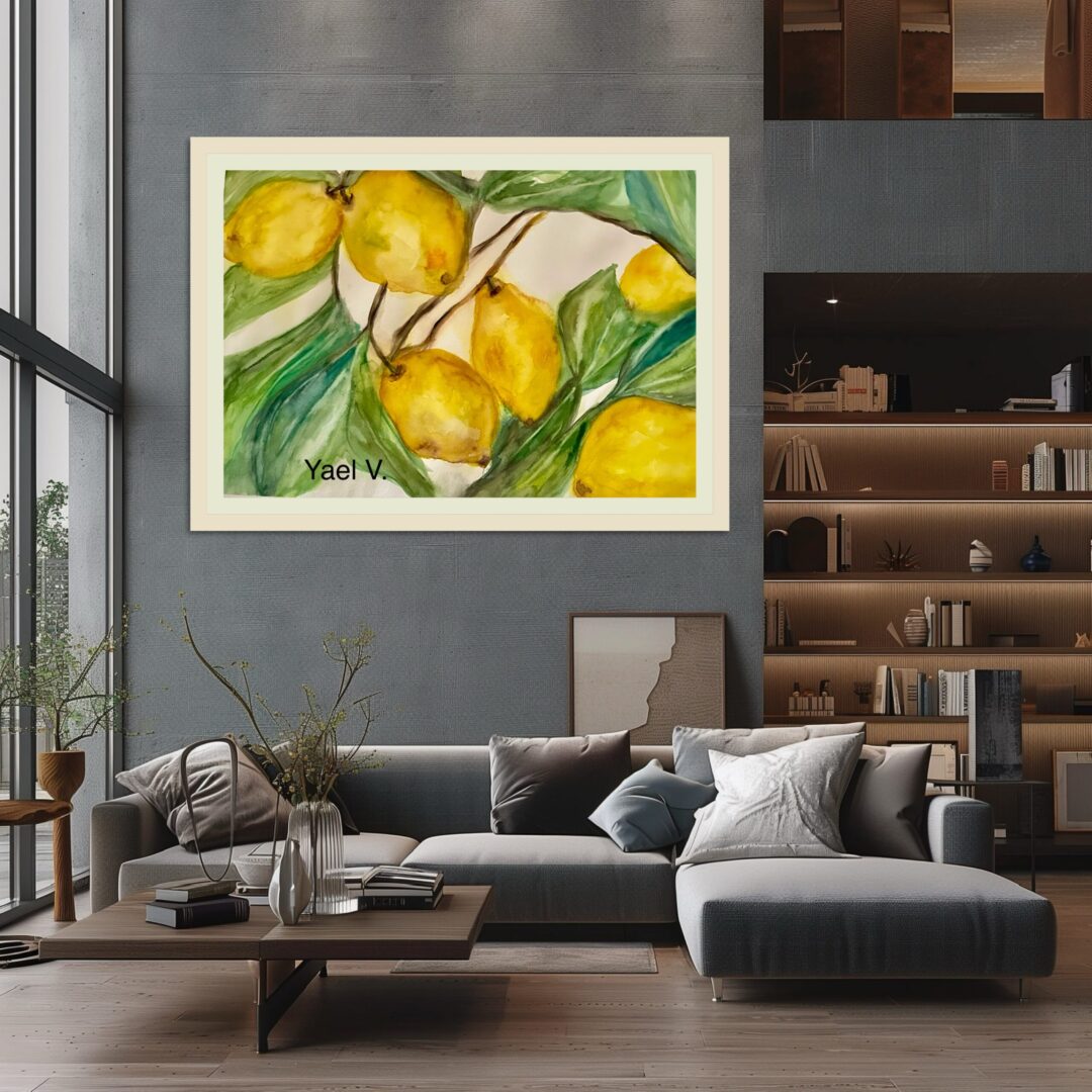 Living room with lemon painting on wall.