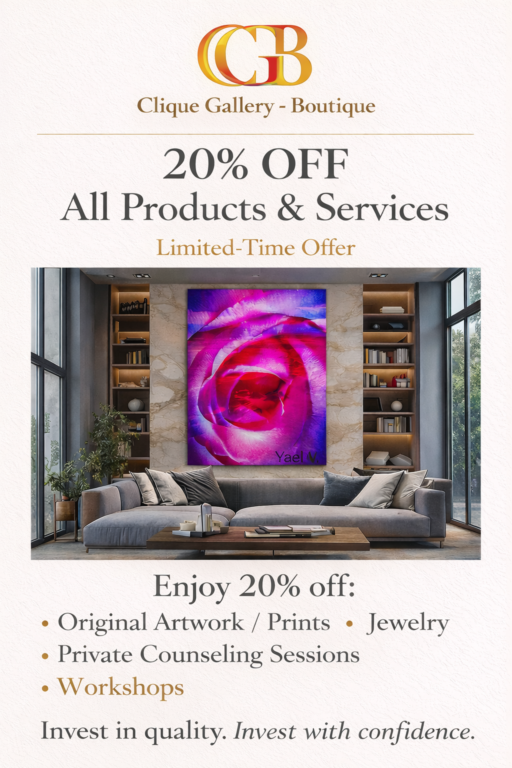 Gallery discount offer with vibrant artwork display.