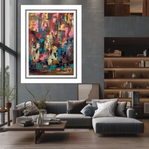 Abstract painting in modern living room setting.
