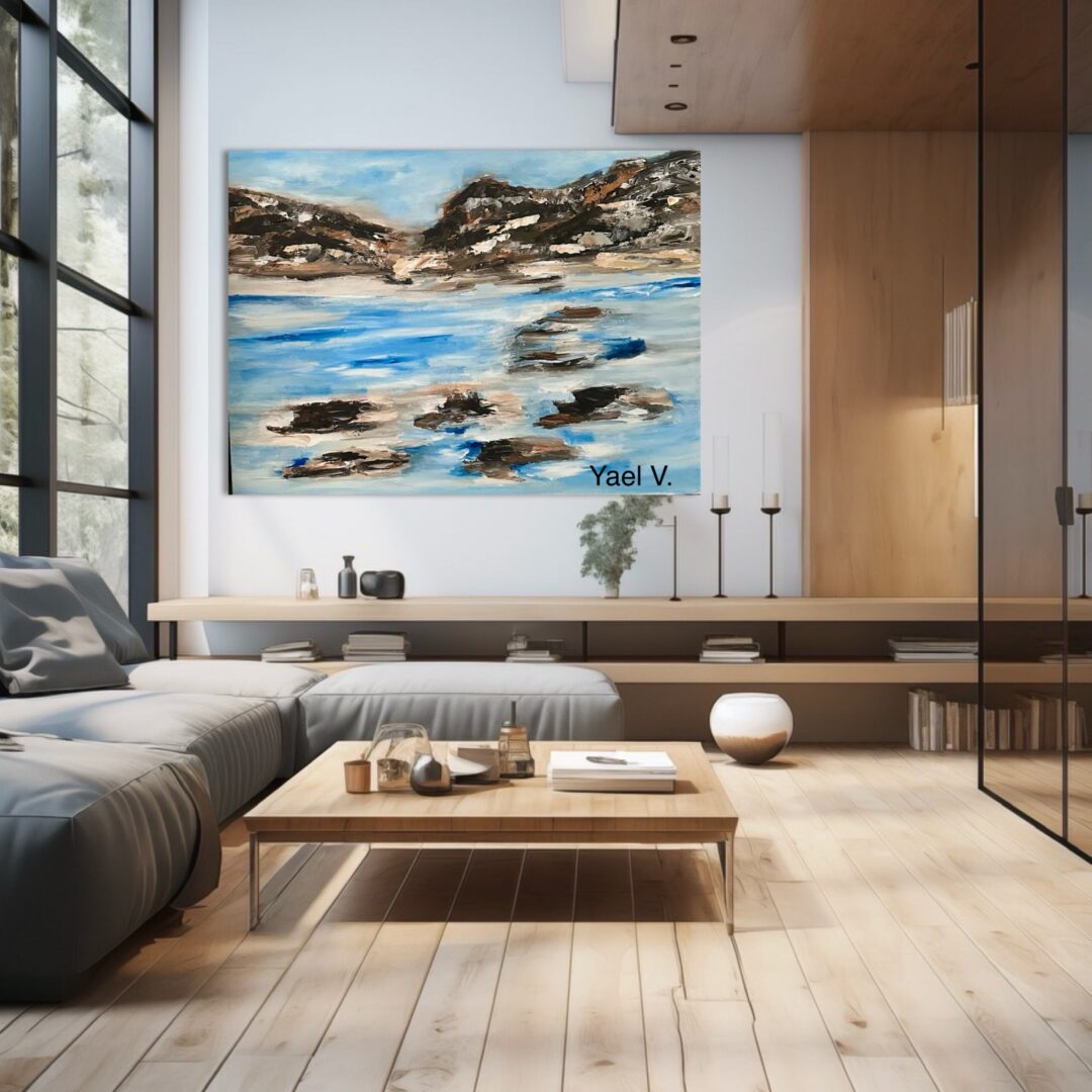 Modern living room with landscape painting.