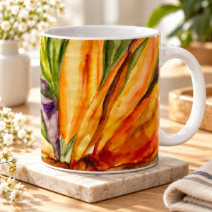 Mug with orange watercolor floral pattern