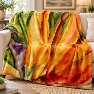 Colorful watercolor floral throw blanket on sofa