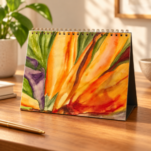 Spiral-bound desk calendar with vibrant watercolor