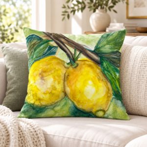 Decorative pillow featuring watercolor lemons