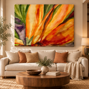 Abstract orange and green painting above sofa