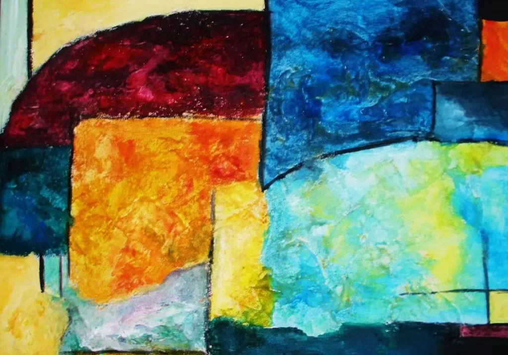 Abstract painting with vibrant blocks of red, orange, blue, and yellow colors.