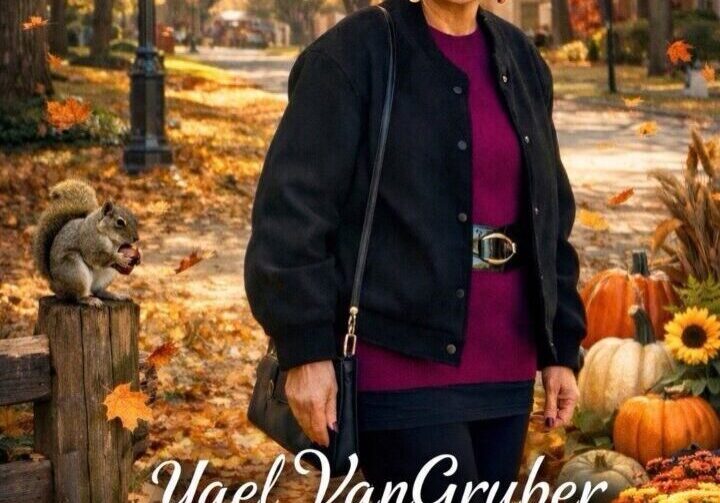 Woman posing in autumn park with squirrel.