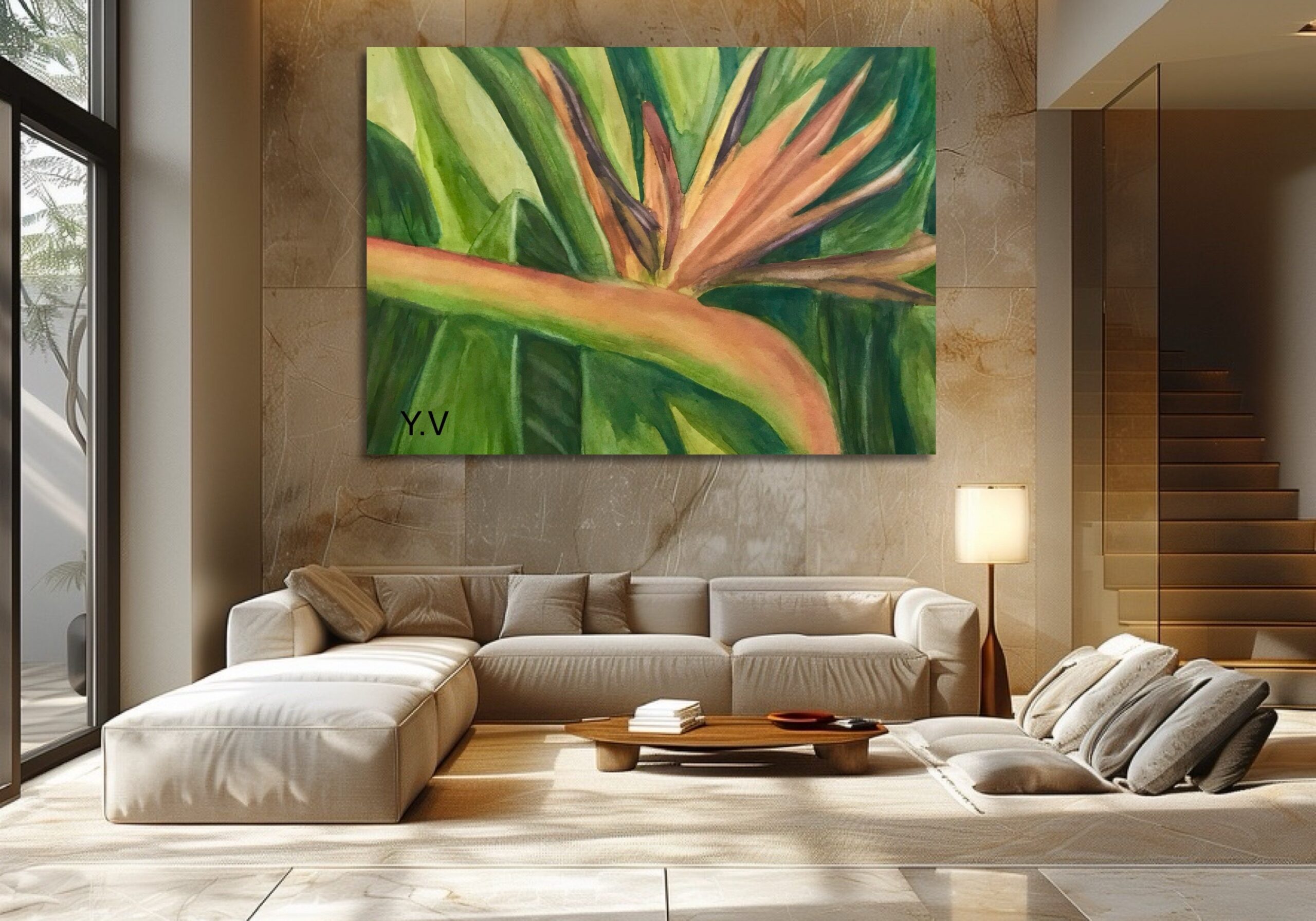 Luxurious living room with abstract painting.