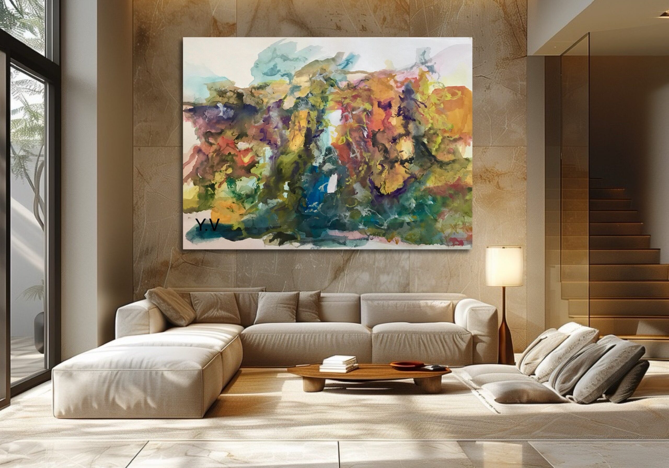Modern living room with abstract wall painting.