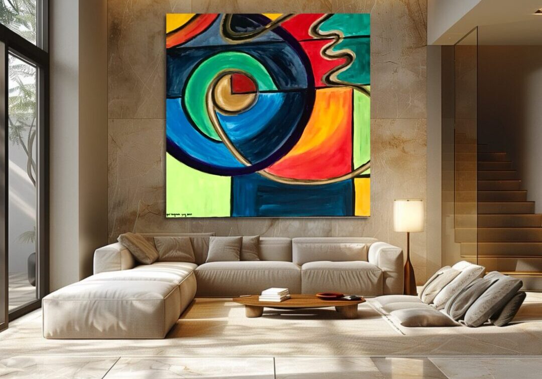 Colorful abstract painting brightens a modern living room.