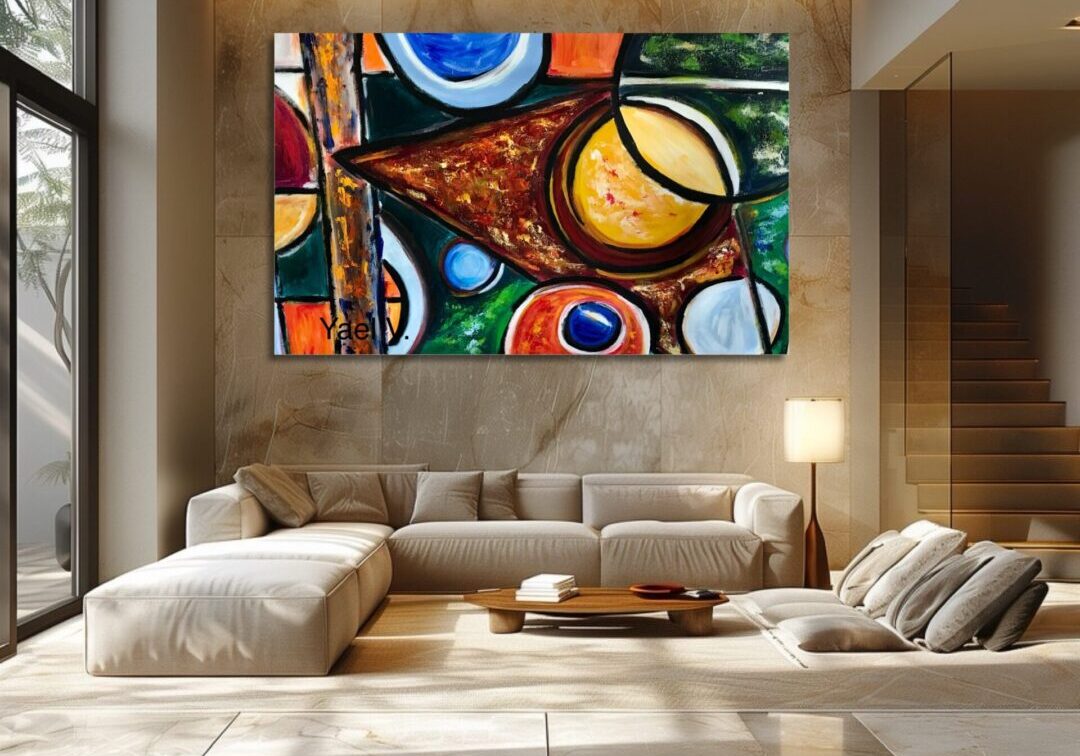 Modern living room with vibrant abstract painting above sofa.