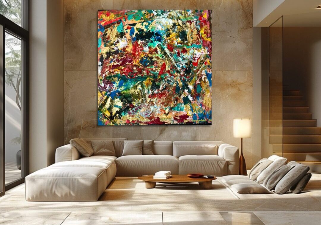 Modern living room with colorful abstract art above the sofa.