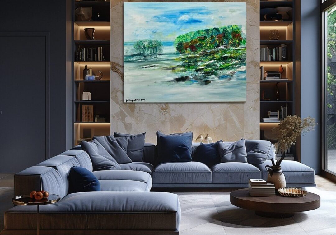 Modern living room with a large blue sectional sofa and landscape painting.