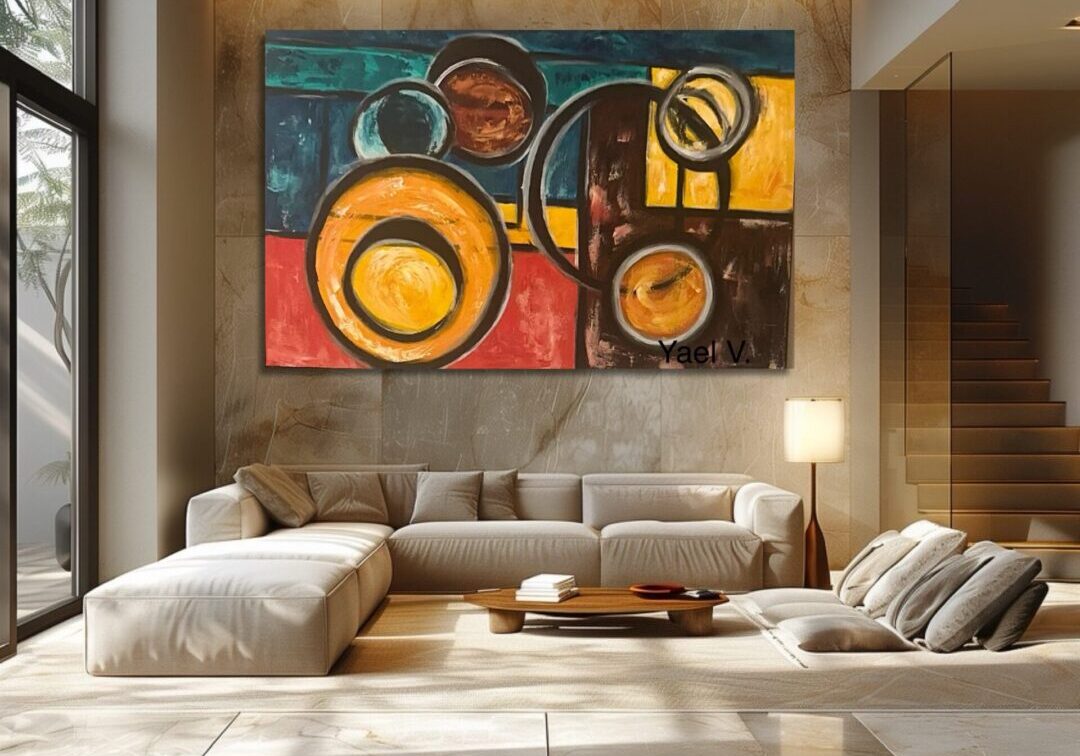 Modern living room with abstract wall art and neutral tones.