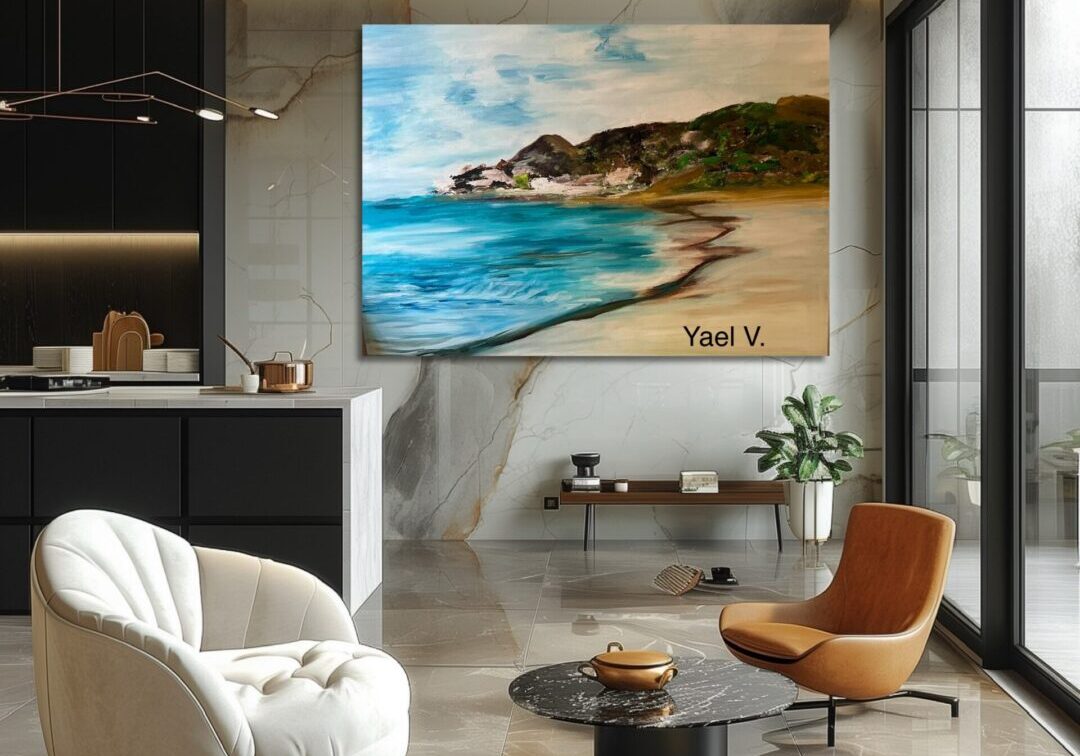 Modern living room with coastal artwork and stylish furniture.