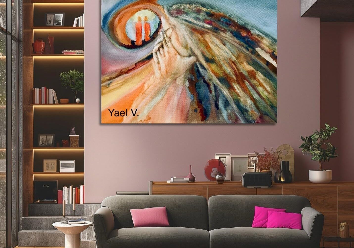 Abstract painting in modern living room setting.